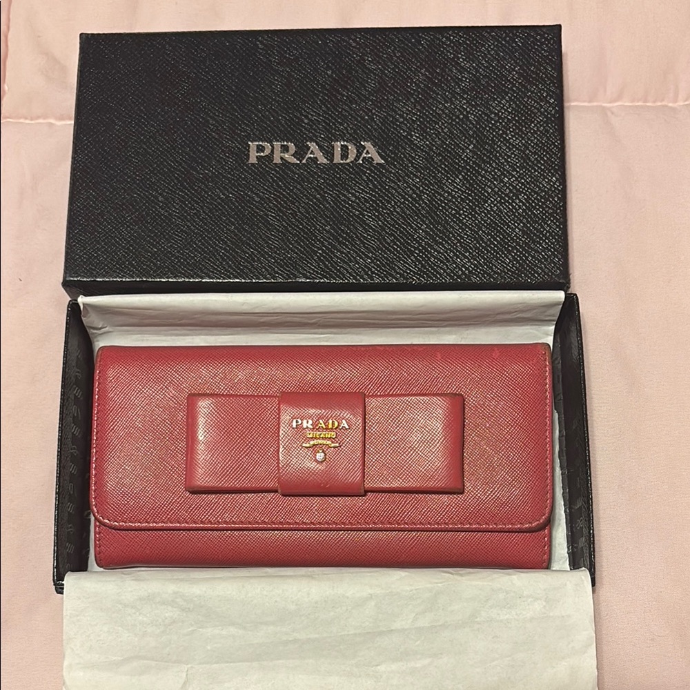 Prada Pink Saffiano Fiocco Bow Leather Wallet with Gold Hardware